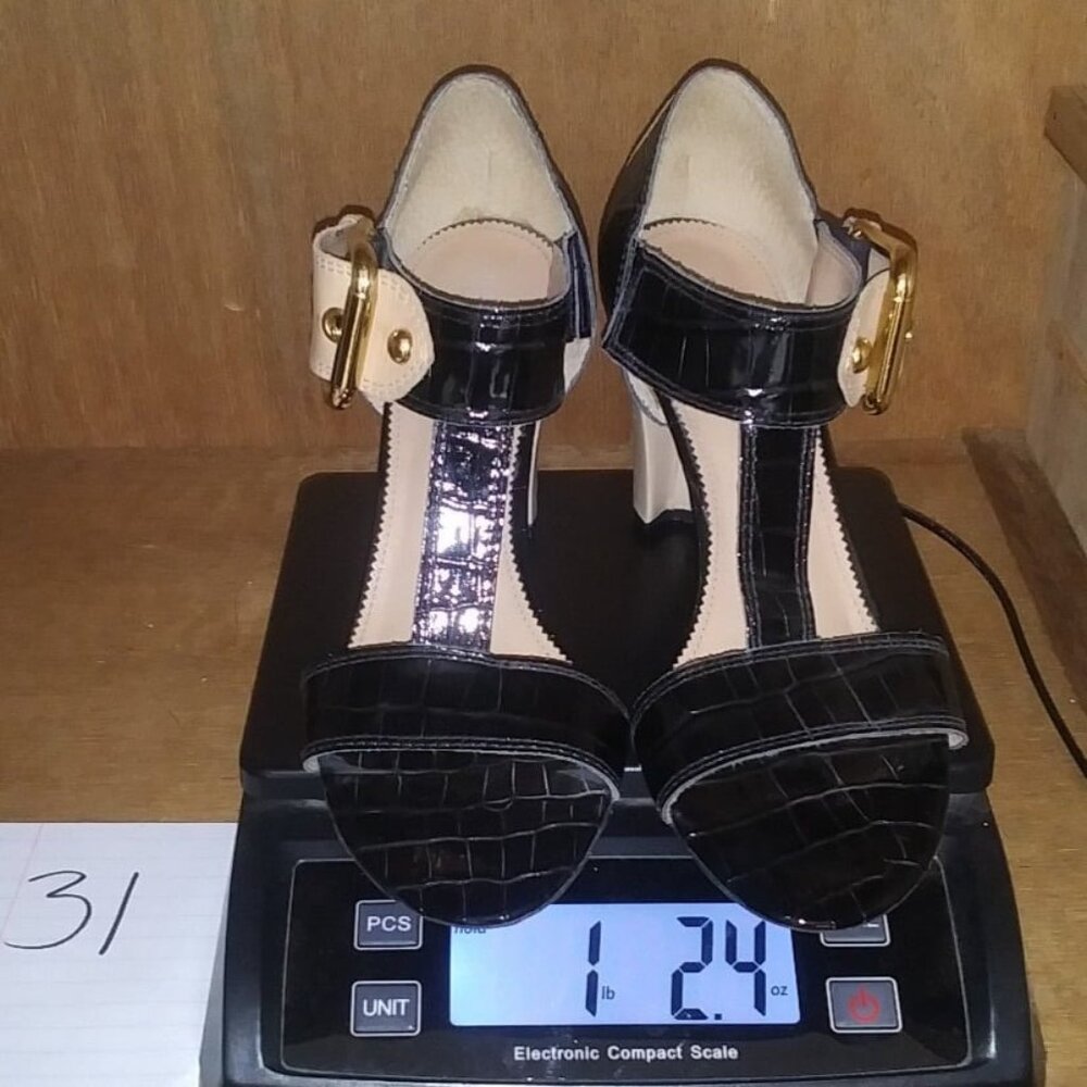 Franko Sarto Women's black/beige Open Toe Buckle Strap Heel Shoes size 8.5m - Picture 9 of 9